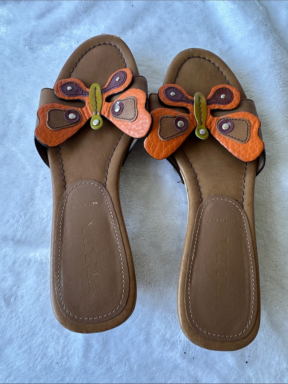 Prada Women’s Brown Slide Sandals with Orange Butterfly Accent